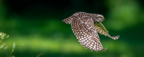 Fototapeta premium Detailed shot of an owl in mid-flight with a blurred green background