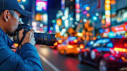 AI-generated Image of a Photographer Capturing Vibrant City Night Scene."
