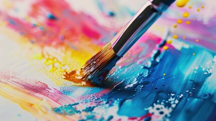 Obraz premium A close-up view of a paintbrush dipped in vibrant watercolor paint