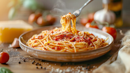 a plate of gluten-free spaghetti, with fork twirling noodles and tomato sauce. 