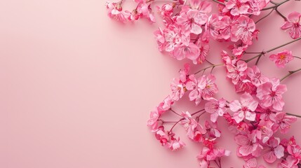 Banner with flowers on light pink background. Greeting card template for Wedding, mothers or womans day. Springtime composition with copy space. Flat lay style