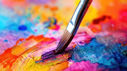 Fototapeta premium A close-up view of a paintbrush dipped in vibrant watercolor paint, creating a splash of color on a blank canvas