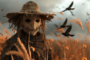 Naklejka premium Scarecrow with crows in autumn field, 3D textures, warm tones