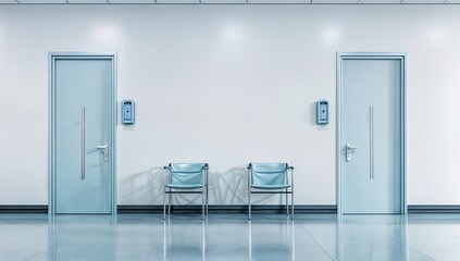 Modern hospital corridor with blue doors and empty chairs