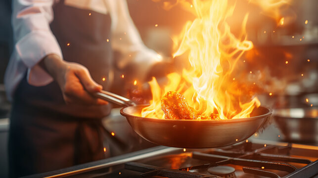A chef skillfully handles a pan with a burst of flames in a professional kitchen..Professional chef cooking with intense flames, showcasing culinary skills and high-energy cooking.