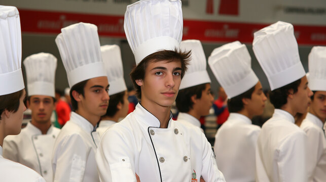 A group of young chefs in white uniforms and tall hats stands attentively in a line..Young culinary students in uniform preparing for a cooking competition in a professional setting.