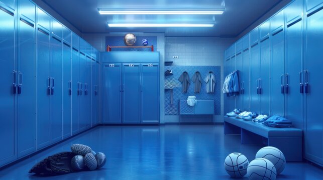 Blue locker room with sports equipment - Powered by Adobe