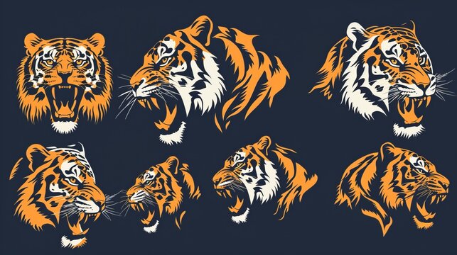A collection of tiger head illustrations displayed in various side and front roaring poses, capturing the intensity and power of the tigers in vibrant colors.