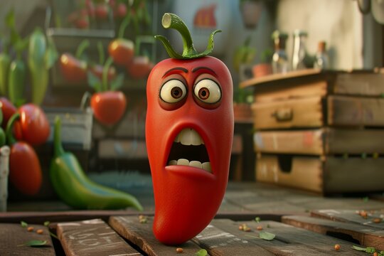 3d animated tomato character looks shocked amidst a backdrop of wooden crates and vegetables