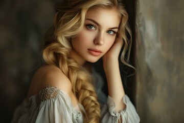 Portrait of a woman with a braided hairstyle and captivating eyes