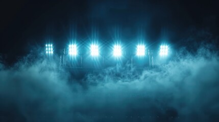 Naklejka premium Bright stadium arena lights .stadium lights and smoke against dark night.