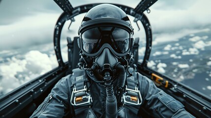 A pilot in a flight suit and oxygen mask, navigating through a stormy sky in a hightech cockpit, Aviation, Cool Colors, 3D Render
