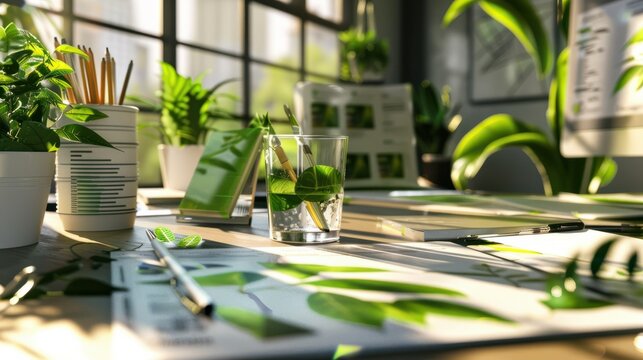 Close-up of a sustainability consultant's desk with environmental reports and green technology samples