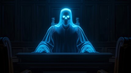 An apparition in a judges robe, presiding over a ghostly courtroom, Legal, Dark Tones, Hyperrealistic