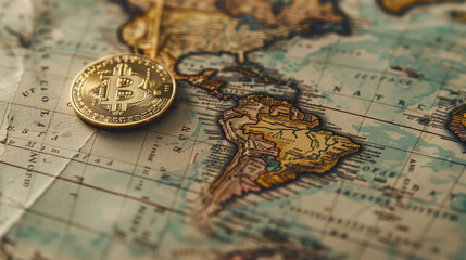 Bitcoin coin on a political map, symbolizing global cryptocurrency influence and digital economy expansion.