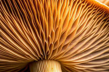 The underside of a mushroom with a brown stem. The mushroom has a very intricate and detailed texture, with many small ridges and bumps. Scene is one of curiosity and wonder