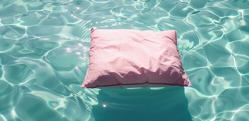 A pink pillow-style float that floats on the surface of the swimming pool water