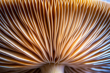 A close up of a mushroom's stem, with its many thin, brown lines and ridges. The stem is the main focus of the image, and the intricate details of its texture and structure are highlighted