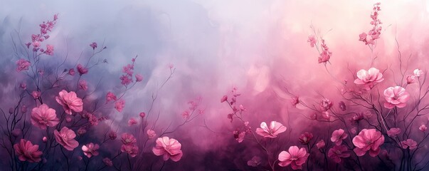 Pastel Pink Floral Artwork - Suitable for Modern Decor and Backgrounds, Featuring Delicate Pink Flowers on a Soft Gradient Background