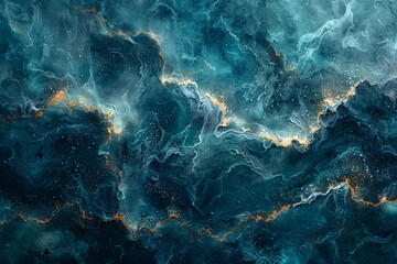 A striking abstract image of blue water with gold accents, creating a mesmerizing visual effect that evokes depth and fluidity