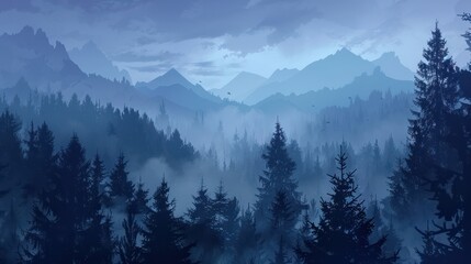 Obraz premium Evening dense foggy forest with high mountains in distance. Mysterious and atmospheric forest landscape. Generative AI