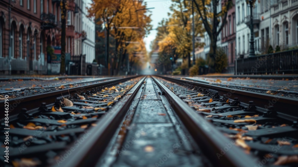 Aufkleber a perspective shot of parallel train tracks converging at a distant vanishing point in an urban sett