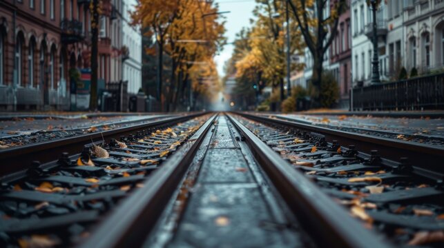 A perspective shot of parallel train tracks converging at a distant vanishing point in an urban setting.