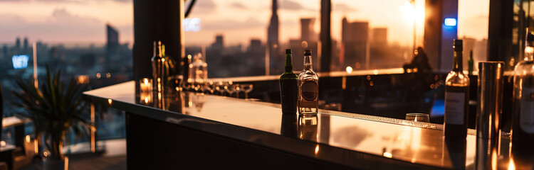 Modern Rooftop Bar with Sunset Skyline View in Urban Setting