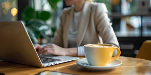 Businesswoman Working on Laptop with Coffee Cup in Cozy Cafe Setting