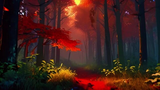 A dense forest with trees that have glowing leaves. As the red sun rises, the leaves change colors, creating a magical atmosphere, 4k Landscape wallpaper animation video