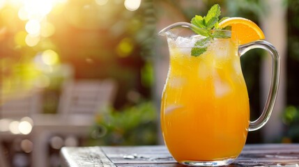 A pitcher of refreshing orange juice served with ice cubes and mint leaves on a patio table.