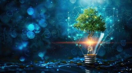Obraz premium Lightbulb with a tree growing on it. Technology convergence as well as digital convergence. Background of the network and blue light. Concepts for CSR, green technology, green computing, and IT ethics