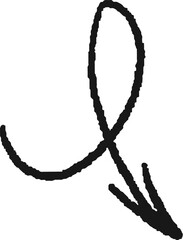 Charcoal hand drawn pencil emphasis arrow. Doodle curved chalk dart. Texture design elements of quirky scribble line. Vector illustration of freehand crayon symbol for hand painted diagrams