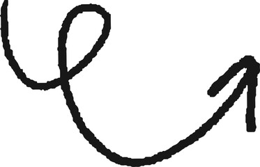 Charcoal hand drawn pencil emphasis arrow. Doodle curved chalk dart. Texture design elements of quirky scribble line. Vector illustration of freehand crayon symbol for hand painted diagrams