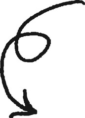 Charcoal hand drawn pencil emphasis arrow. Doodle curved chalk dart. Texture design elements of quirky scribble line. Vector illustration of freehand crayon symbol for hand painted diagrams