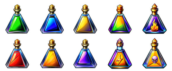 Set of colorful potion bottles with various icons including flame, lightning, and skull. Digital illustration with transparent background. Ui game assets, alchemy, design concept for design and print