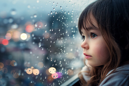 Thoughtful Young Girl Looking Out Rainy Window with City Lights in Background