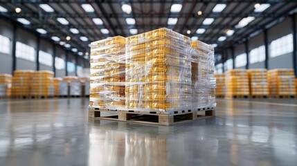 Pallet of wrapped food products in warehouse