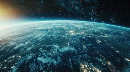 Panoramic view on planet Earth globe from space. Glowing city lights, light clouds. Generative AI