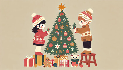 Children decorating a Christmas tree plain background