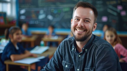 Obraz premium Portrait of smiling male teacher in a class at elementary school looking at camera with behind them is a backdrop of a classroom background