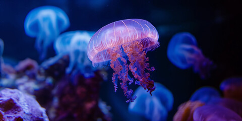 Fototapeta premium Vivid Purple Jellyfish in Deep Blue Ocean Depths Creating Mesmerizing Underwater Scene