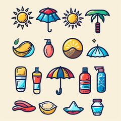 A set of colorful icons for beach and summer items. The icons include a bottle of sunscreen, a bottle of lotion, a bottle of shampoo, a bottle of conditioner, a bottle of body wash