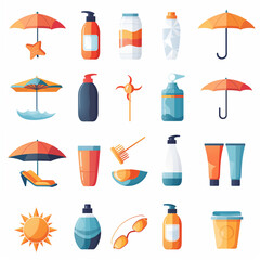 A collection of various items related to summer, including sunscreen, umbrellas, and cups. Scene is bright and cheerful, with the use of warm colors and playful shapes