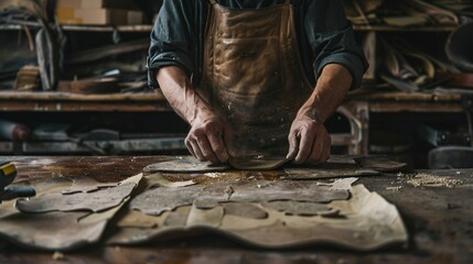 Close up shot of a person's hands working with leather on a rustic workbench