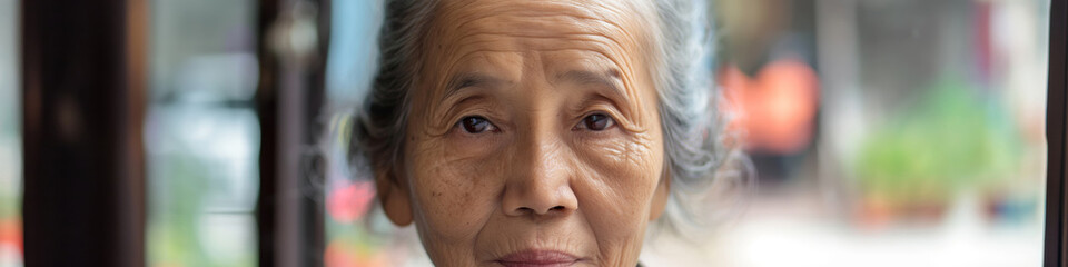 Portrait of an Elderly Woman with Wrinkled Skin and Grey Hair Looking Thoughtfully into the Distance