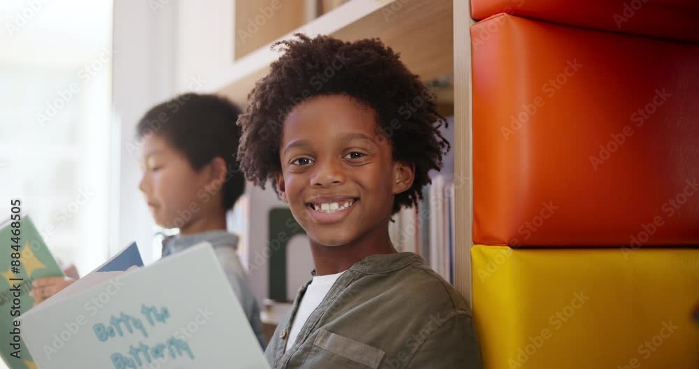 Poster happy, students and reading in classroom together for educational development, group learning and gr