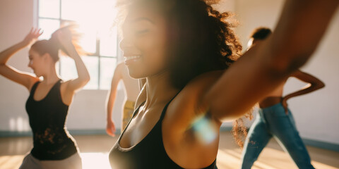 Energetic Dance Class with Diverse Group of Young Adults in Sunlit Studio