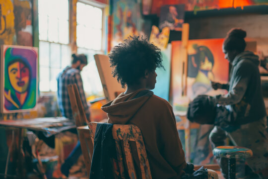 Artists Working in a Vibrant Studio Filled with Colorful Paintings and Creative Energy - Powered by Adobe