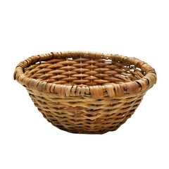 A woven wicker basket with a round shape and natural brown coloration, perfect for storage or decoration